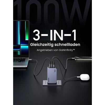 Kép 4/4 - UGREEN Nexode Pro 100W GaN Charger with USB-C Cable Grey