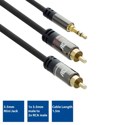 Kép 2/5 - ACT High Quality audio connection cable 1x 3.5mm stereo jack male - 2x RCA male 1,5m Black