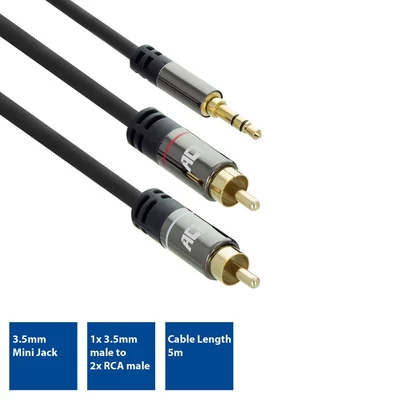 Kép 2/4 - ACT High Quality audio connection cable 1x 3.5mm stereo jack male to 2x RCA male 5m Black