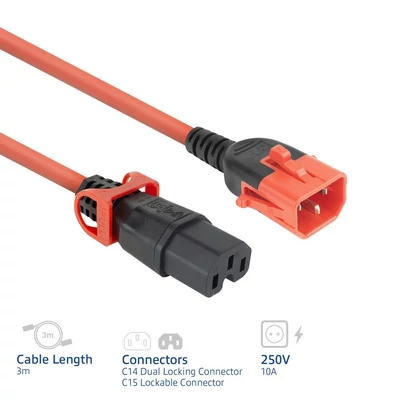 Kép 3/6 - ACT PL0061 Powercord C14 IEC Lock+ Dual Locking - C15 IEC Lock+ 3m Red