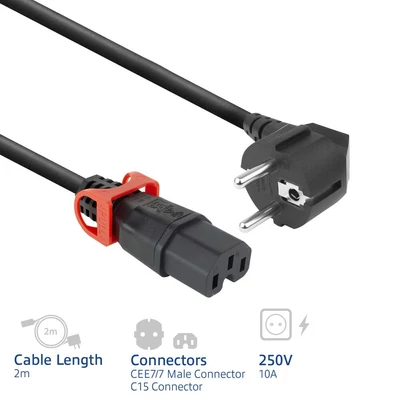 Kép 2/5 - ACT PL0092 Powercord Schuko CEE 7/7 male (angled) - C15 IEC Lock+ 2m Black
