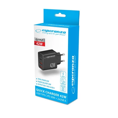 Kép 3/3 - Esperanza EZC106K Quick Power Charger 42W USB-C PD 30W / 2xUSB-A 12W Black