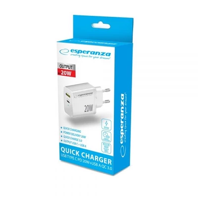 Kép 3/3 - Esperanza Quich Power Charger 20W USB-C PD 20W / USB-A QC 3.0 18W White