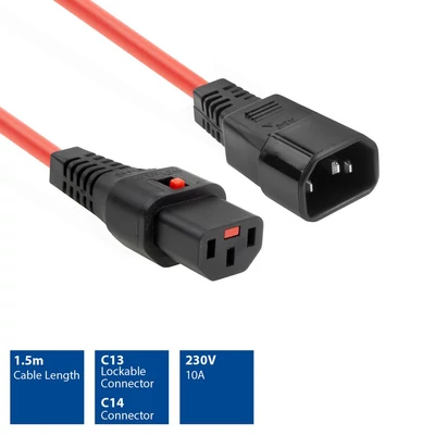 Kép 2/6 - ACT Powercord C13 IEC Lock - C14 1,5m Red