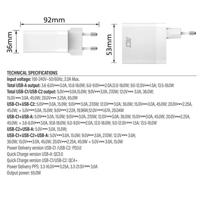 Kép 5/9 - ACT ACT USB-C/USB-A Charger 65W 3-port with Power Delivery PPS, QuickCharge and GanFast