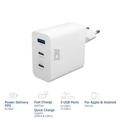 Kép 7/9 - ACT ACT USB-C/USB-A Charger 65W 3-port with Power Delivery PPS, QuickCharge and GanFast