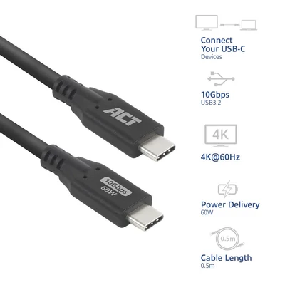 Kép 2/6 - ACT USB-C to USB-C cable 0,5m Black