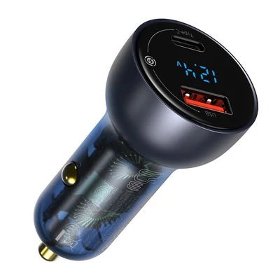Kép 3/5 - Baseus USB/USB-C 65W 5A SCP QC 4.0 + PD 3.0 LCD + Type-C Cable Car Charger Grey