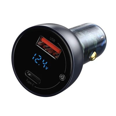 Kép 4/5 - Baseus USB/USB-C 65W 5A SCP QC 4.0 + PD 3.0 LCD + Type-C Cable Car Charger Grey
