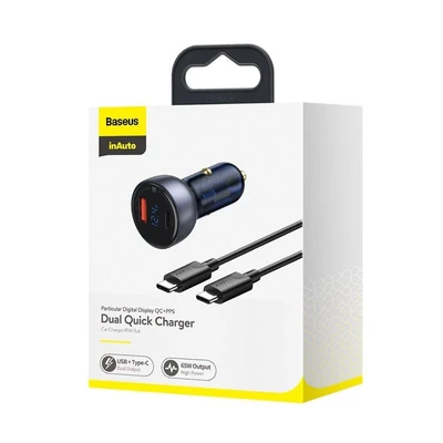 Kép 5/5 - Baseus USB/USB-C 65W 5A SCP QC 4.0 + PD 3.0 LCD + Type-C Cable Car Charger Grey