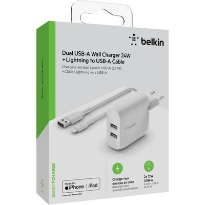 Kép 3/3 - Belkin BoostCharge Dual USB-A Wall Charger 24W + Lightning to USB-A Cable White