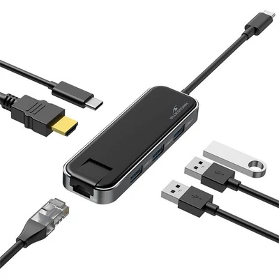 Kép 4/5 - Bluestork HUB-OFFICE USB-C to 3xUSB2.0 + 1xUSB-C + 1xHDMI + 1xRJ45 Grey