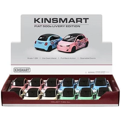 Kép 2/3 - Kinsmart Fiat 500e Livery Edition fém autó nyitható ajtókkal 1:28 (többféle)