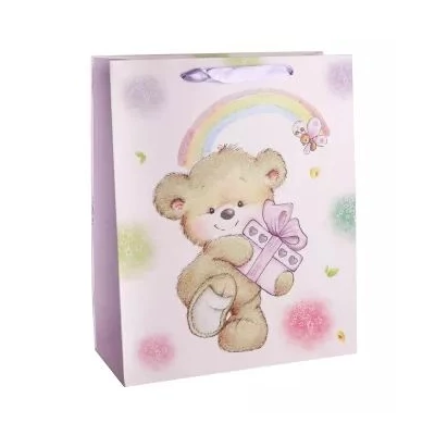 Maci ajándékkal glitteres ajándékzacskó - 18 x 23 cm