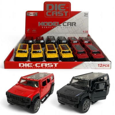 Fém autó, hátrahúzós, ajtónyitós, jeep, Hummer szerû, 3 szín, 11 cm, 12/disp.