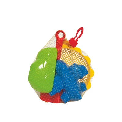 Homokozó klt., szita, lapát, 2 forma, 19x17x9 cm