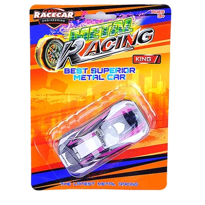 Fém lemez autó, hátrahúzós, 4 szín, 9 cm, 13x17 cm lapon