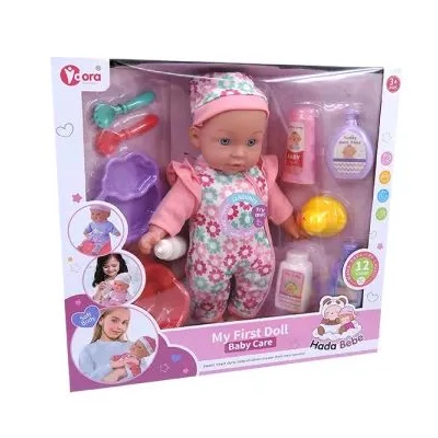 Interaktív játékbaba overálban, kiegészítőkkel - 35 cm