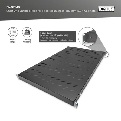 Kép 5/7 - Digitus 1U fixed shelf for 1000mm depth racks 44x482x700mm adjust. 700-900mm depth Black