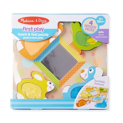 Kép 2/3 - Melissa & Doug Fa készségfejlesztő játék, Tapintós puzzle, kukucskáló állatok tükörrel