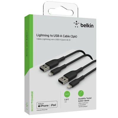 Kép 2/8 - Belkin BOOST CHARGE USB-A to Lightning Cable, PVC - 1M (2 PK) - Black