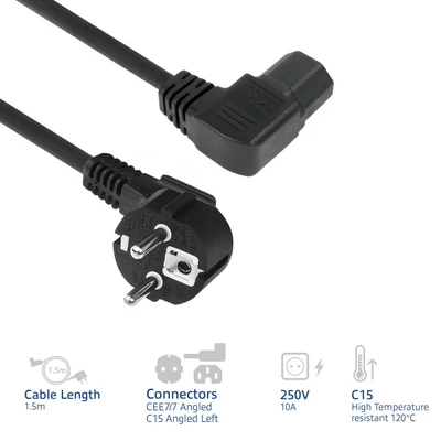 Kép 2/7 - ACT Powercord mains connector Schuko CEE 7/7 male (angled) - C15 (angled left) IEC 60320 1,5m Black
