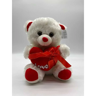 Plüss maci 30 cm "LOVE" feliratú szívvel, szalaggal átkötve, fehér