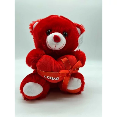 Plüss maci 30 cm "LOVE" feliratú szívvel, szalaggal átkötve, piros