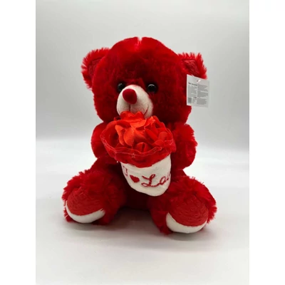 Plüss maci 30 cm  "I LOVE" feliratú virágcsokorral, piros