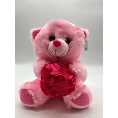 Plüss maci 30 cm  "I LOVE" feliratú virágcsokorral, rózsaszín