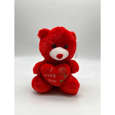 Plüss maci 20 cm rózsás szívvel, I LOVE YOU felirattal, piros