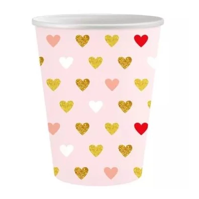 XOXO: Rózsaszín papírpohár szívekkel, 250 ml - 6 db