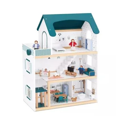 Tooky Toy: Kétemeletes babaház figurákkal, fa