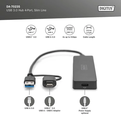Kép 3/5 - Digitus USB 3.0 Hub 4-Port Slim Line Fekete
