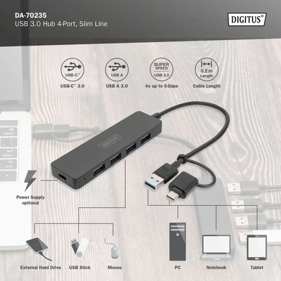 Kép 4/5 - Digitus USB 3.0 Hub 4-Port Slim Line Fekete