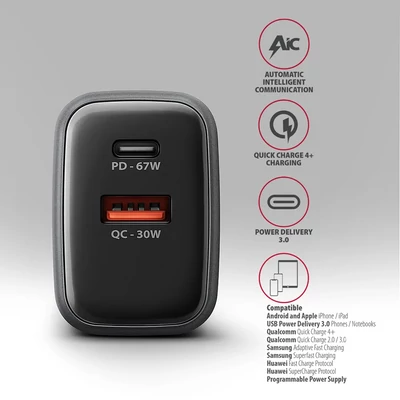 Kép 3/3 - AXAGON ACU-PQ67 PD3.0 & QC4+ 2xOUTPUTS wall charger 67W Black