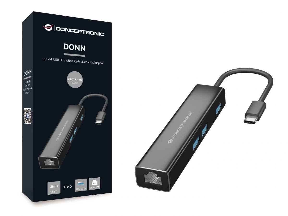 Conceptronic DONN07B Gigabit USB3.2 Gen 1 network adapter with USB HUB fekete