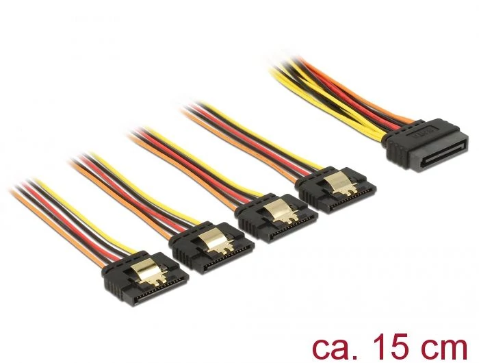 DeLock SATA 15 pin power plug with latching function > SATA 15 pin power receptacle 4x straight 15cm