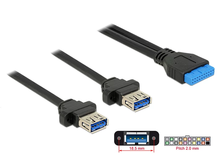 Delock USB 3.0-s csatlakozóhüvellyel ellátott kábel, 2,00 mm, 19 tűs > 2 x USB 3.0 A csatlakozó (85244)