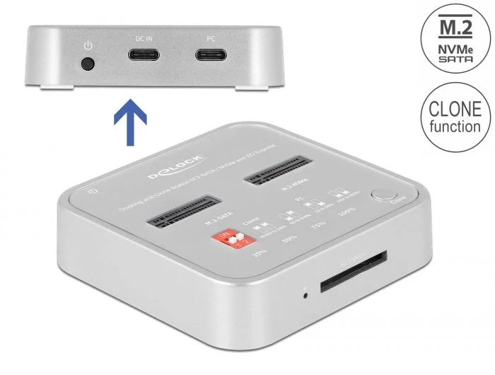 Delock Dokkoló állomás 1 xM.2 NVMe SSD + 1 xM.2 SATA SSD számára SD Express (SD 7.1) kártyaolvasó (64138)